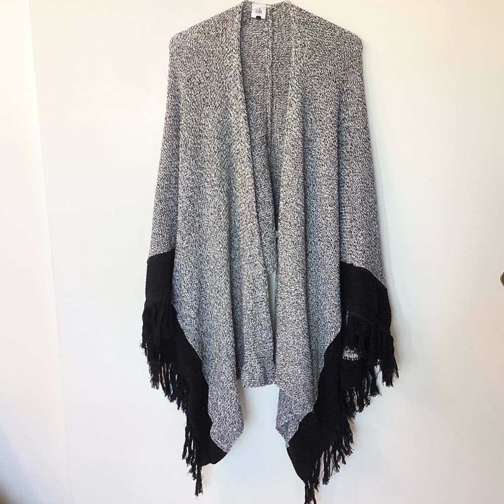Cabi Pepper Cape Sweater with Fringe Trim - Black/White - Style 3361 - OS